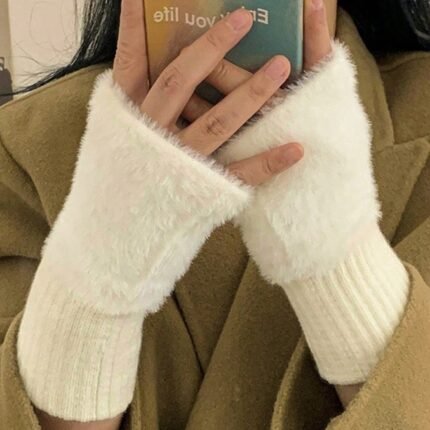 زوجان من قفازات نسائية بدون أصابع مصنوعة من الصوف المبطن، قفازات شتوية دافئة قفازات قفازات فرو اصطناعي متعددة الاستخدامات جميلة للمكتب والدراجة مقاومة للرياح بدون أصابع