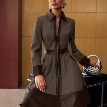 معطف خريفي أنيق مخصر من الجلد الصناعي (البي يو) بتصميم لوحات ملونة